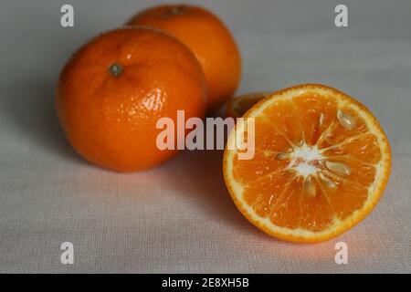 Malta is citrus fruit grown in India. It is commonly called as sangtra. The juicy vesicles or pieces inside the fruit are tightly packed not easily se Stock Photo