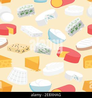 Cheese variety flat seamless pattern with cheddar mozzarella gouda camembert vector illustration Stock Vector