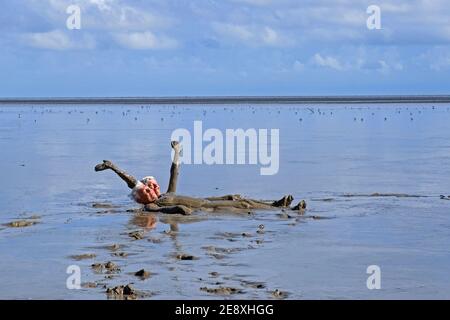 Two ederly tourists taking a mud bath on the beach in the Bigi Pan Nature Reserve in Nieuw Nickerie, Suriname / Surinam Stock Photo