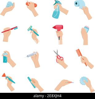 Hand holding household objects and hygiene accessories icons set flat isolated vector illustration Stock Vector