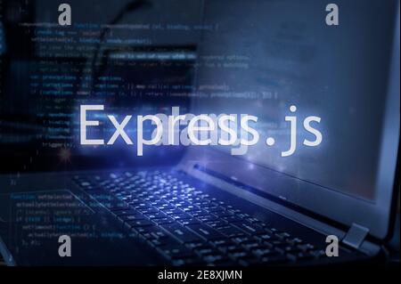 Express.js inscription against laptop and code background. Learn express JavaScript programming language, computer courses, training. Stock Photo