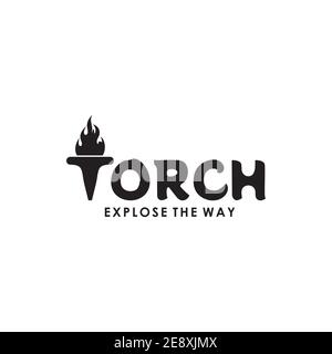 Torch text logo design incorporated with T letter as a torch icon with fire over it vector design template Stock Vector