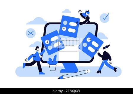 Online voting mini people concept flat vector illustration with computer screen,voting box Stock Vector