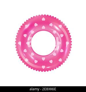 Pink inflatable ring vector. 3d realistic swimming toy in front view isolated on write background. Rubber rink with hearts on surface. Water park pool Stock Vector