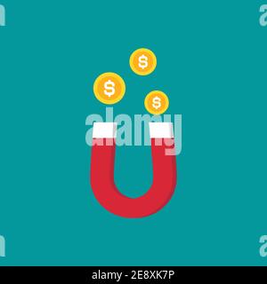 Red horseshoe magnet with dollar coins on blue background. u-shaped magnet icon. Magnetism, magnetize, attraction concept. Attracting money, cash, cus Stock Vector