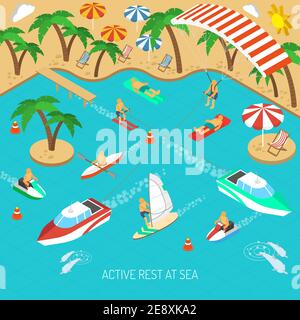 Active rest at sea and beach vacation with umbrellas and chaise lounges isometric concept vector illustration Stock Vector