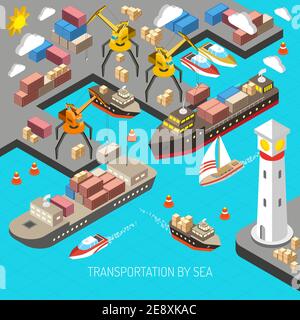 Transportation by sea and logistics concept with container carriers and cargo isometric vector illustration Stock Vector