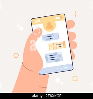 Male hand holding smartphone with message chart on screen Stock Vector