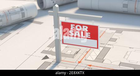 For sale sign, real estate agent concept, Wooden placard on house building construction blueprints background. 3d illustration Stock Photo