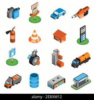 Gas diesel station isometric icons collection of fuel  pump nozzle and fire extinguisher abstract isolated vector illustration Stock Vector