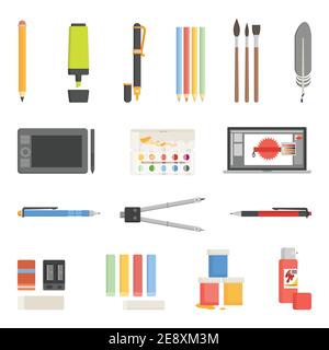 Painter and graphic designer drawing tools icons flat set isolated vector illustration Stock Vector