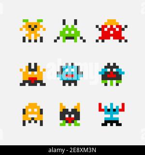 8 bit pixel arcade game alien invader. Superhero pixel space monster geek game Stock Vector