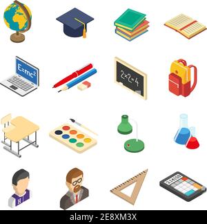 School education accessories isometric icons set with calculator and retort in chemistry lab abstract isolated vector illustration Stock Vector