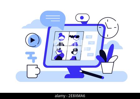 Desktop computer with group of colleagues taking part in video conference. Stock Vector