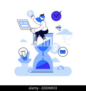Office worker sitting on an hourglass and doing several actions at the same time. Stock Vector