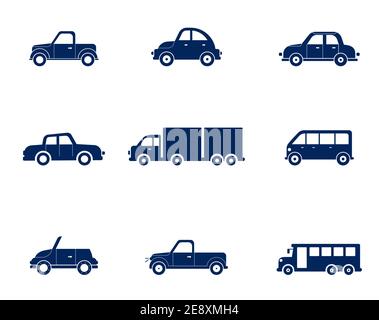 Flat cars set. Taxi and minivan, cabriolet and pickup. car icons set. Stock Vector
