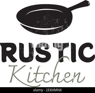 Rustic kitchen by using black frying pan logo design template Stock Vector