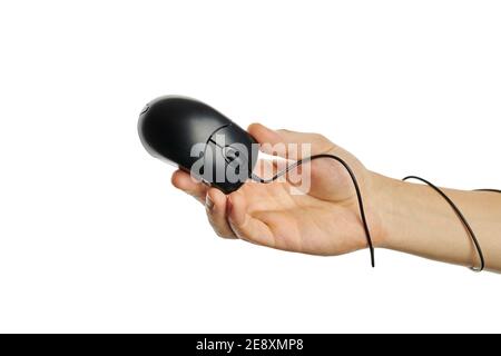 black computer mouse at caucasian person hand. isolated on a white background. hardware and web surfing concept Stock Photo