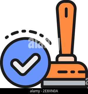 Approved, check mark stamp, verification, quality control flat color line icon. Stock Vector
