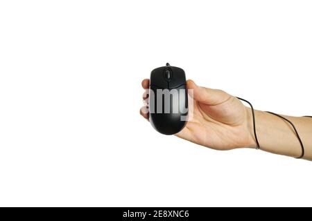 black computer mouse at caucasian person hand. isolated on a white background. hardware and web surfing concept Stock Photo
