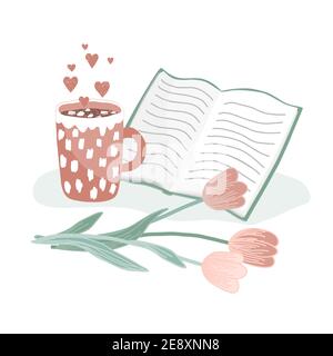 A cup of hot cocoa with marshmallow, open book, and tulips. Concept of love, hygge, and happy morning. Hand drawing vector illustration Stock Vector