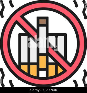 Forbidden sign with cigarettes, no smoking flat color line icon. Stock Vector