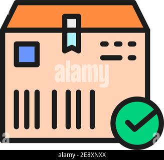 Cardboard box with check mark, cargo delivered, verified color line icon. Stock Vector