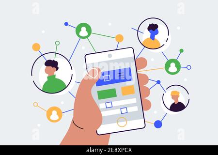 Social network illustration. Phone in a male hand on a background Stock Vector
