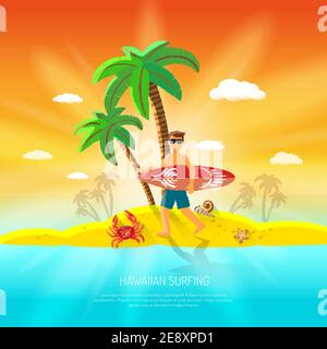 Surfing beach concept with surfer with board and palm on background flat vector illustration Stock Vector