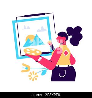 Woman artist standing at the easel and painting. Young painter with palette Stock Vector