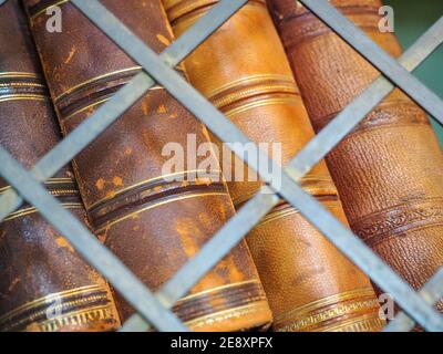 Old books on bookshelf behind iron grating. Close up. Stock Photo