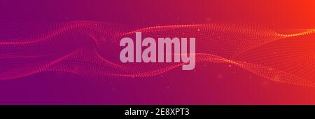 Red wide abstract wavy particle background. Flowing particles with depth of field. Technology, science, gaming, cinema, website vector background. Stock Vector