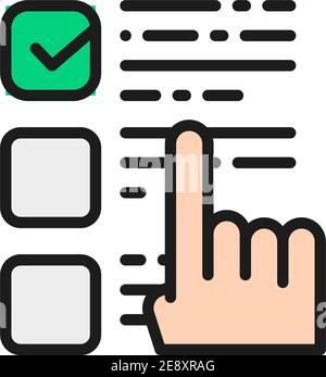 Finger points to a choice, check mark on ballot, checklist flat color line icon. Stock Vector