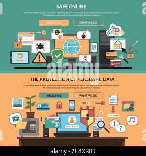 Safe online consulting internet technology company home webpage layout horizontal banners set flat isolated abstract vector illustration Stock Vector