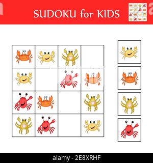 Sudoku game for children with pictures. Logic kids activity sheet. Colorful cute crabs. Educational card for children. Maths child poster. School Stock Vector