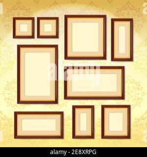 Realistic dark wood picture frames set on golden wallpaper isolated vector illustration Stock Vector