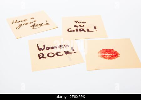 Empowering women post-it notes isolated on white Stock Photo