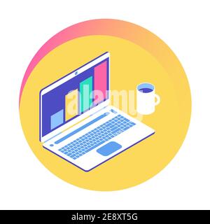 Office laptop and a cup of coffee. Financial growth chart on the computer screen. Workplace concept. Isometric colorful illustration. Stock Vector