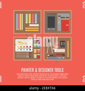 Painter and designer digital and manual tools in drawers flat color concept vector illustration Stock Vector