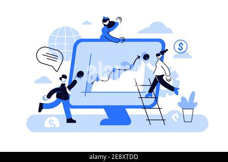 Business people are pushing up their graph upward. Teamwork. Stock Vector