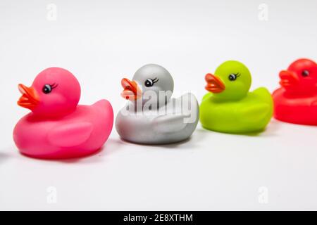 Close up of cute rubber ducks in a row Stock Photo