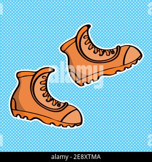 Tourist hiking shoes. A pair of brown boots. Vector cartoon illustration in pop art style. Outline drawing. Stock Vector