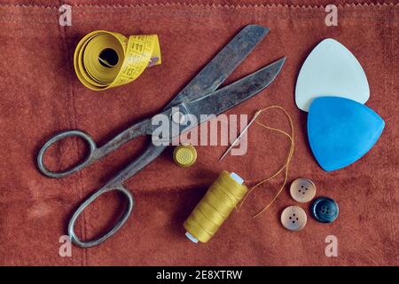 Sewing supplies. Still life composed from tailor's tools and accessories. Flat lay Stock Photo