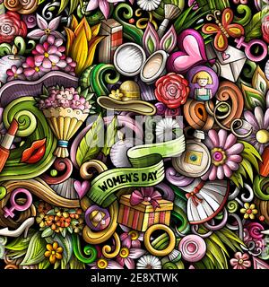 Cartoon doodles 8 March seamless pattern. Stock Vector