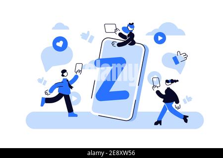 Generation Z vector illustration. Flat virtual tiny persons messaging concept. Stock Vector