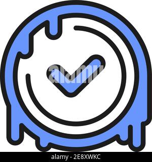 Checkmark stamp, verified wax seal, quality control approved color line icon. Stock Vector
