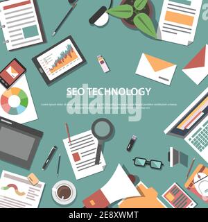 Search engine optimization internet technology web concept pictograms composition webpage poster print flat abstract vector illustration Stock Vector