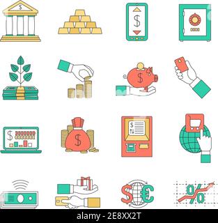 Banking business with exchange rates cash and credit cards icons set flat isolated vector illustration Stock Vector
