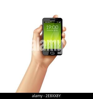 Realistic human hand holding mobile smartphone with starting interface screen isolated on white background vector illustration Stock Vector