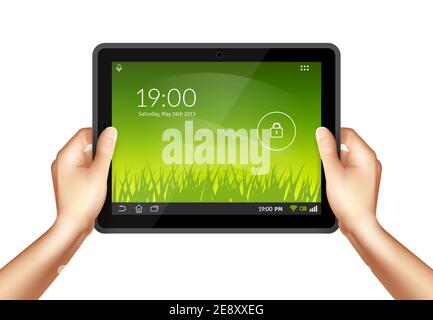 Realistic human hands holding mobile pc tablet isolated on white background vector illustration Stock Vector